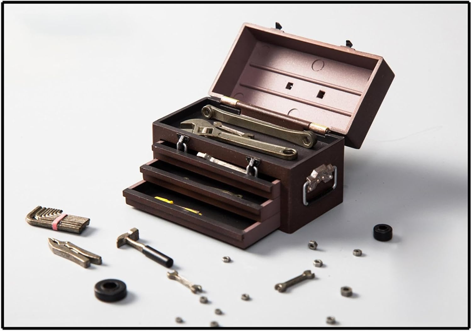1/6 Scale Tool Case for 12 Inch Action Figures, Miniature Doll Accessory Tool Box with Realistic Details for Male Doll Models- Deep Brown