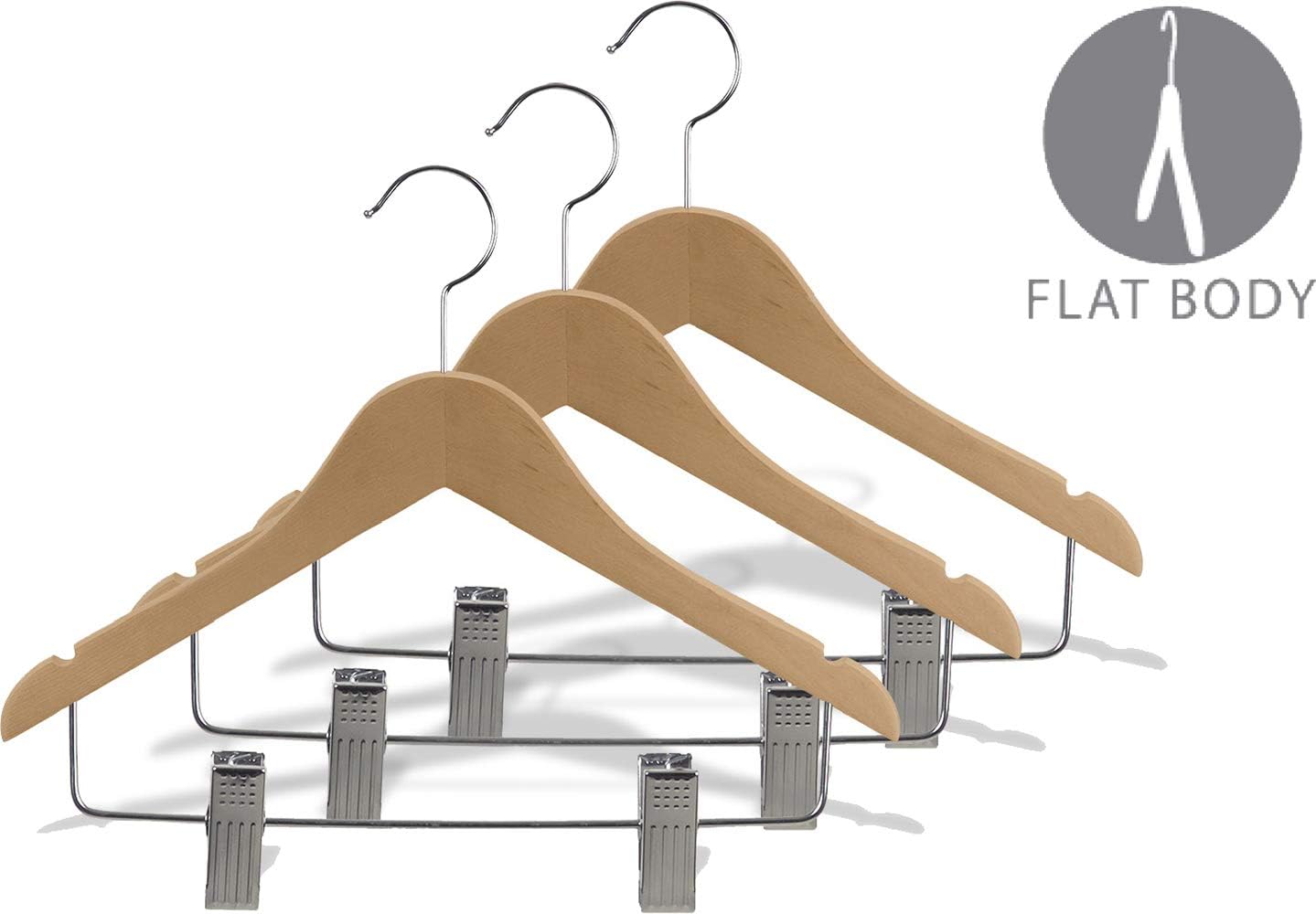 The Great American Hanger Company Wooden Junior Combo Hanger with Adjustable Cushion Clips, Box of 24 Flat 14 inch Hangers with Natural Finish, Notches and Chrome Swivel Hook