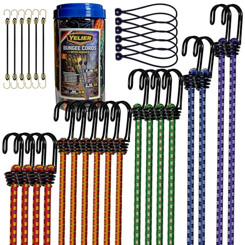 YELIER 30PCS Heavy Duty Bungee Cords with Hooks Set, 8mm Bungee Cord Assortment with Ball Bungees & Mini Bungee Cords. 12", 18", 24", 32", 40" Tie Down Straps for Tarps, Camping, Bike, Cargo, Luggage by Yelier - Used condition - US$15.95