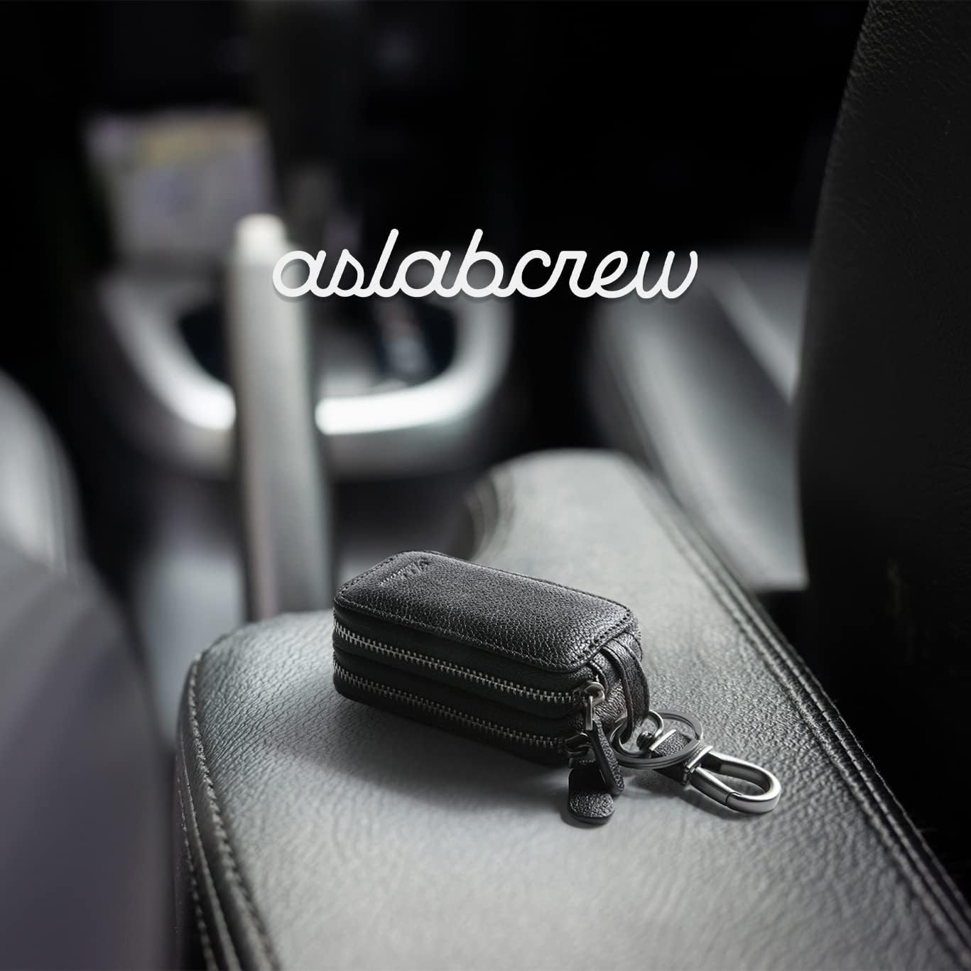 AslabCrew Car Key Case Genuine Leather Keychain Holder Metal Hook and Keyring Zipper Bag for Remote Key, Savage-Black