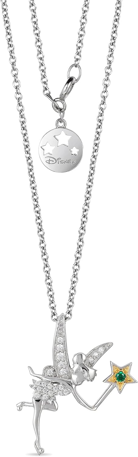 Jewelili Enchanted Disney Fine Jewelry 14K Yellow Gold over Sterling Silver with 1/10 CTTW Diamond Tinker Bell Pendant Necklace