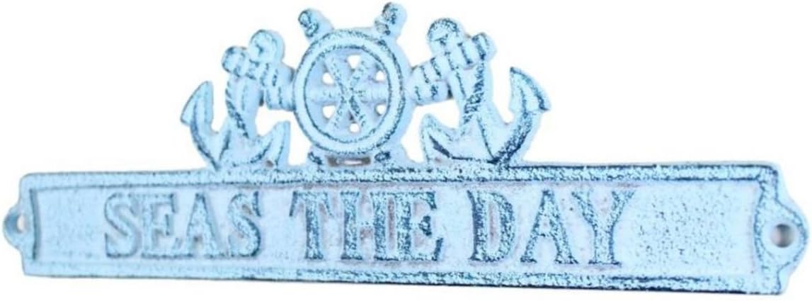 Hampton Nautical K-9325-blue Cast Iron Seas the Day Sign with Ship Wheel Anchor, 9", Dark Blue Whitewashed