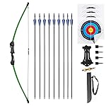 45 Youth Bow and Arrows Set for Kids 8-12 Teens Recurve Archery Beginner Gift Longbow Kit 9 Arrows, 4 Target Face Toy for Backyard Game Age 12-14 14-16 Green