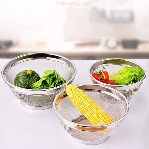Miniatura 6 de Colador de acero inoxidable, 3 unidades, cesta de frutas, organizador de alimentos con asa de malla para goteo de agua, cesta de lavado de verduras
