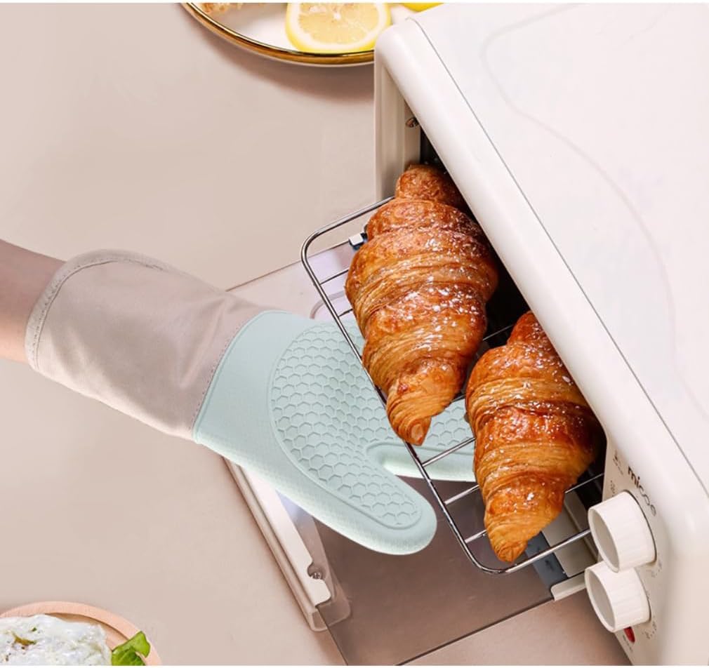 手袋 ツイルカラードットのシリコンとコットンの断熱スーツ、耐火性と耐高温性を備えた家庭用電子レンジ用手袋 (グリーン)