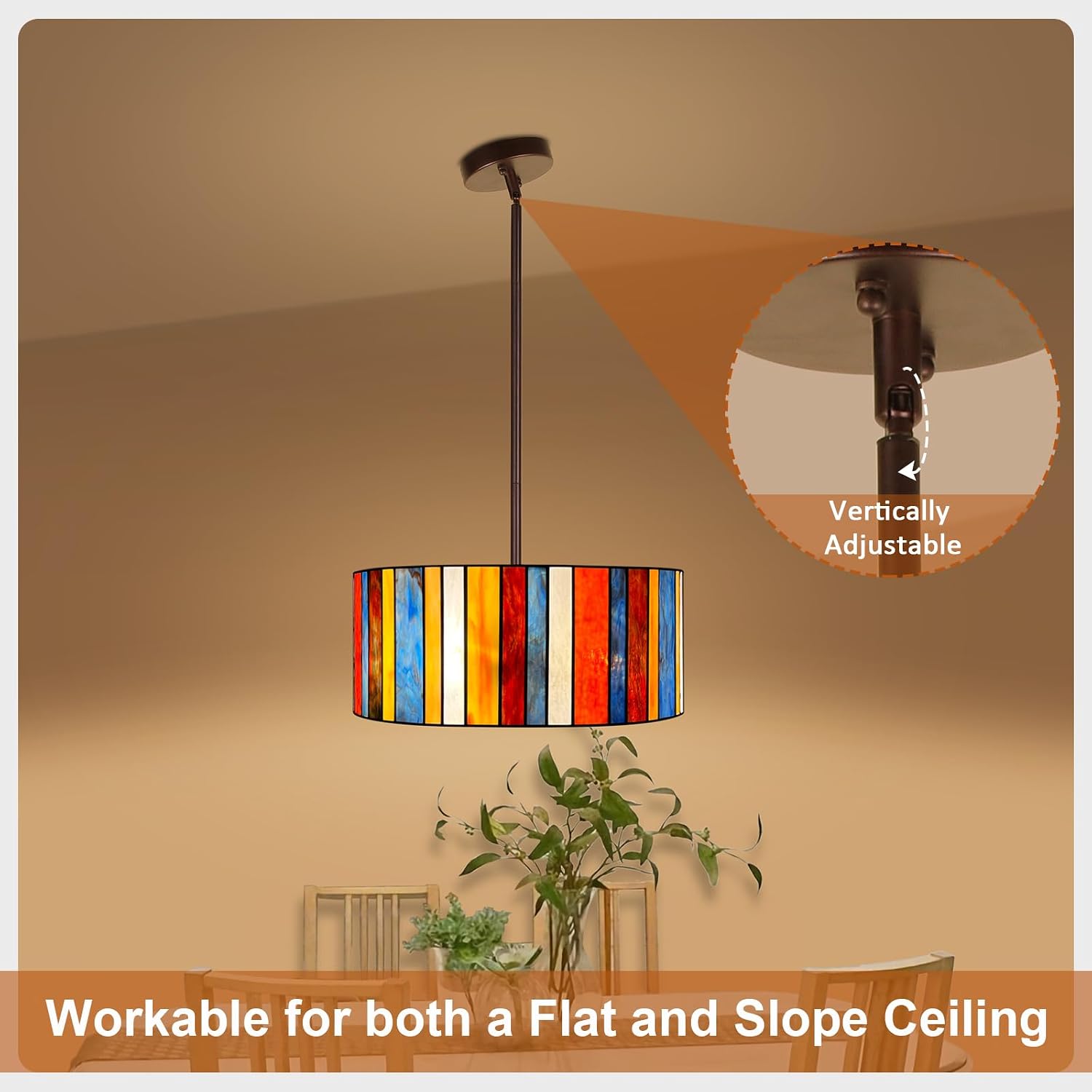 Tiffany Pendant Light Fixtures,16 inch Stained Glass Ceiling Hanging Lamp,3-Lights Dining Room Kitchen Island Lighting,Adjustable Height