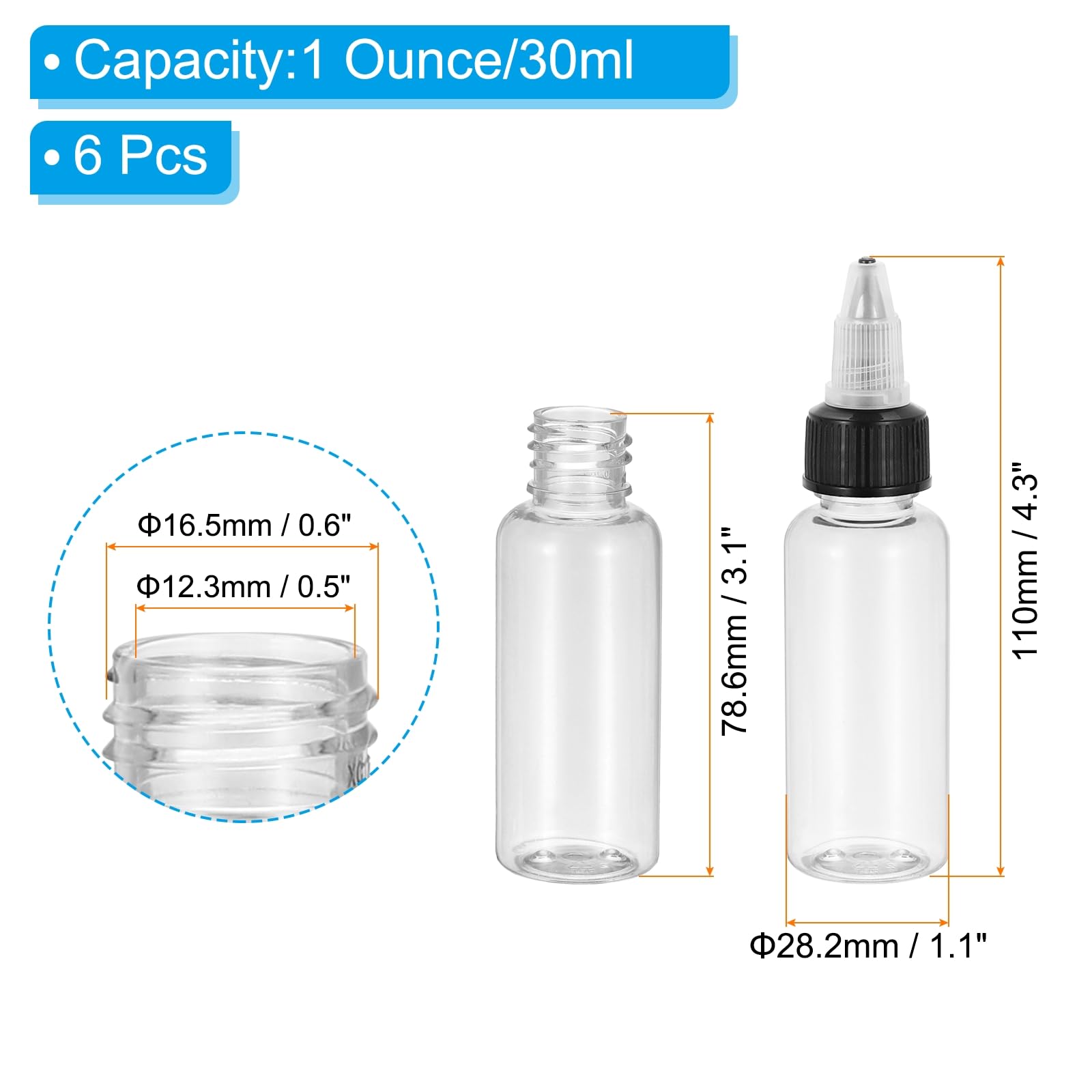PATIKIL 1oz(30ml) Plastic Dispensing Bottle, 6Pcs Squeeze Empty Bottles with Black Twist Cap for Liquids, Inks, Oils, Sauces, Arts and Crafts, Transparent