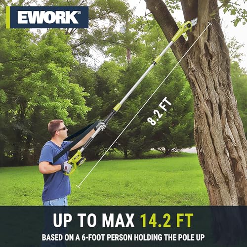 Image of EWORK 20V 8-Inch Cordless Pole Saws for Ton Up to 14.2-Ft, Lightweight Only 6.5 Lbs, Auto Oiling Electric Pole Saw Battery Powered with Battery and Charger