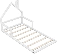 Vista 6 de Harper & Bright Designs Cama de suelo de tamaño individual con cabecera en forma de casa, marco Montessori, cama de plataforma para niños, Blanco