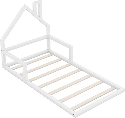 Miniatura 5 de Merax Cama de suelo de madera, marco de cama de tamaño individual con cabecera en forma de casa para niños, adolescentes y adultos, soporte de