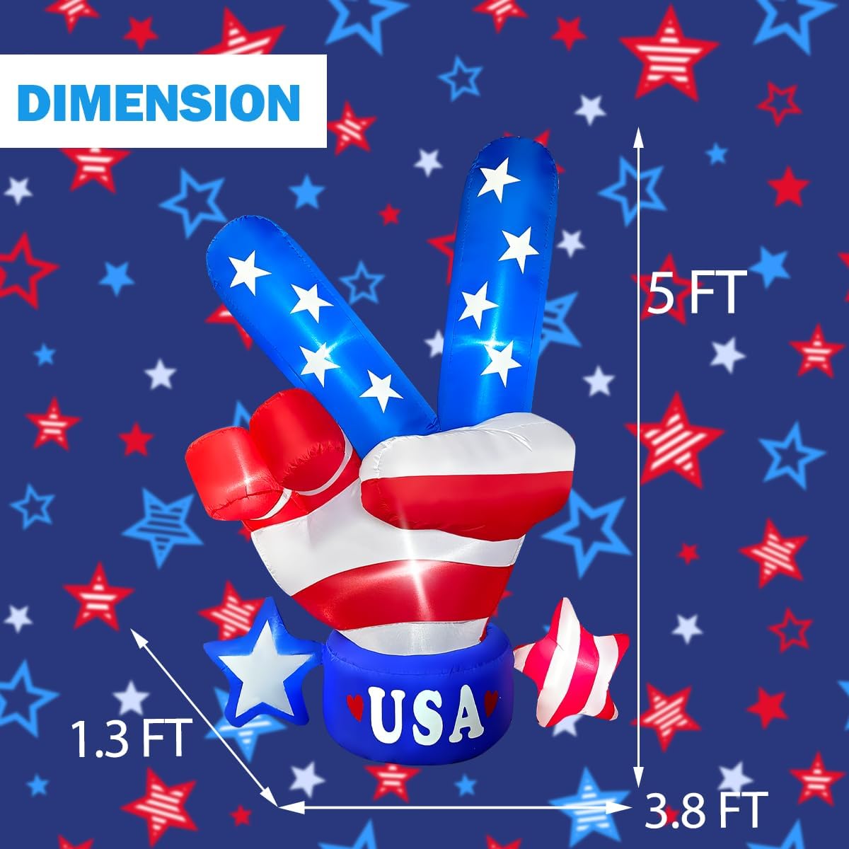 BLOWOUT FUN 5ft Tall Patriotic Independence Day 4th of July Inflatable Victory Gesture LED Blow Up Lighted Decor Indoor Outdoor Holiday Art Decor Decorations