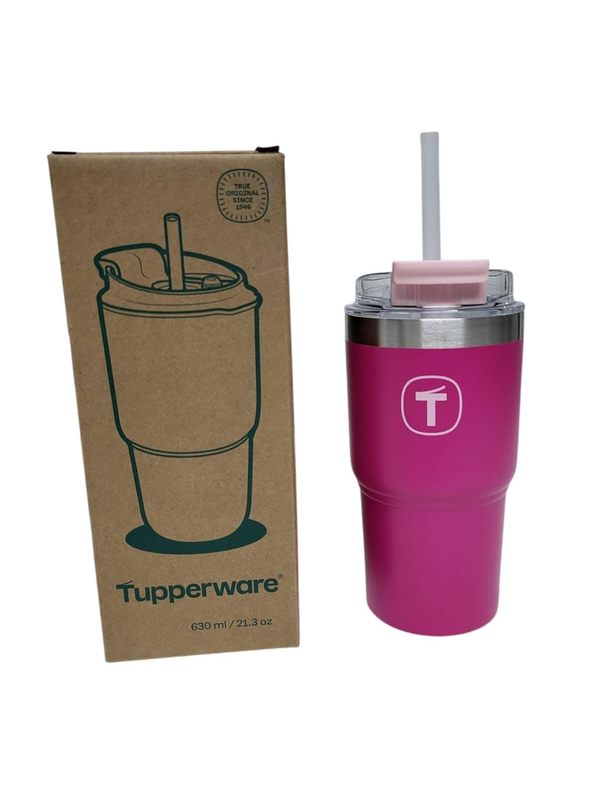 Tupperware Thermobecher big T Tumbler To go Thermo Tasse Kaffee Tee Becher hält kalt und warm pink Edelstahl 630ml 630 ml mit Strohhalm Sport Diät Shake