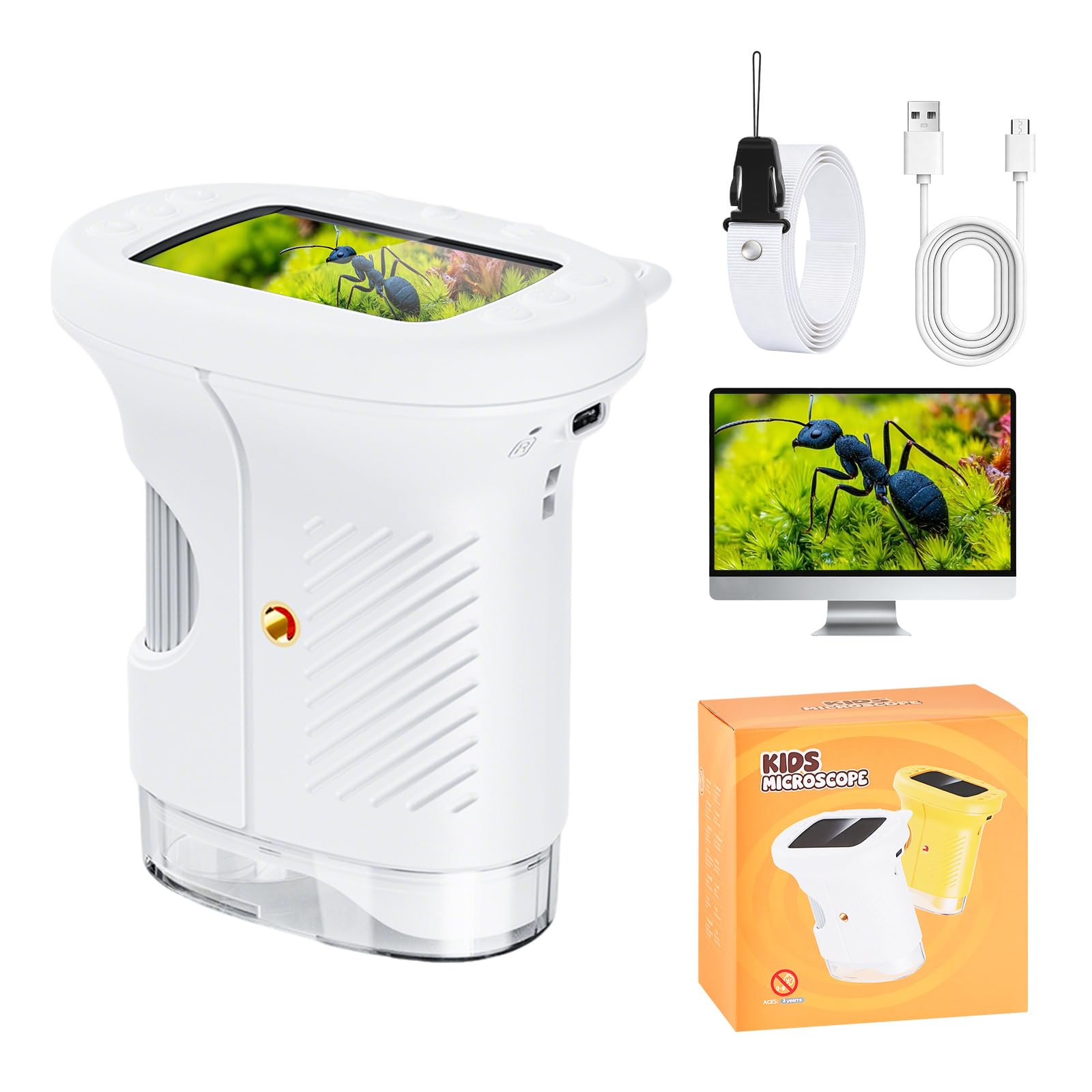 Handmikroskop für Kinder - 1080P HD 2.0" Bildschirm Mikroskop, Mini Tragbare Digitales Mikroskop mit 8 LED, 600mAh, 1000X Kindermikroskop, Hand- oder Nackenband, Microscope Experimente ab 6 Jahren