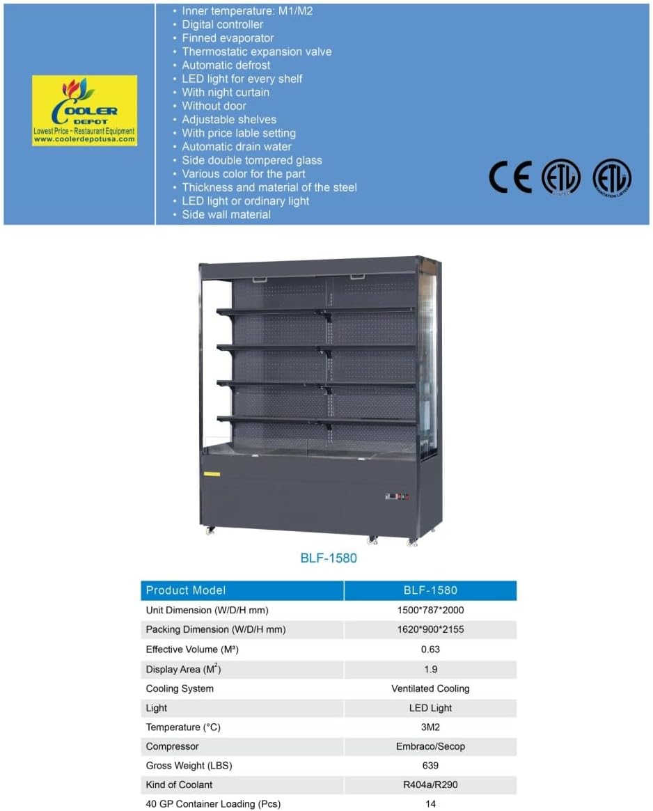 Commercial Refrigerator Open Air Display Grab Showcase Restaurant Merchandiser 60" cold air curtain Display Multideck Plugin Chiller NSF Display Cooler -BLF 1580