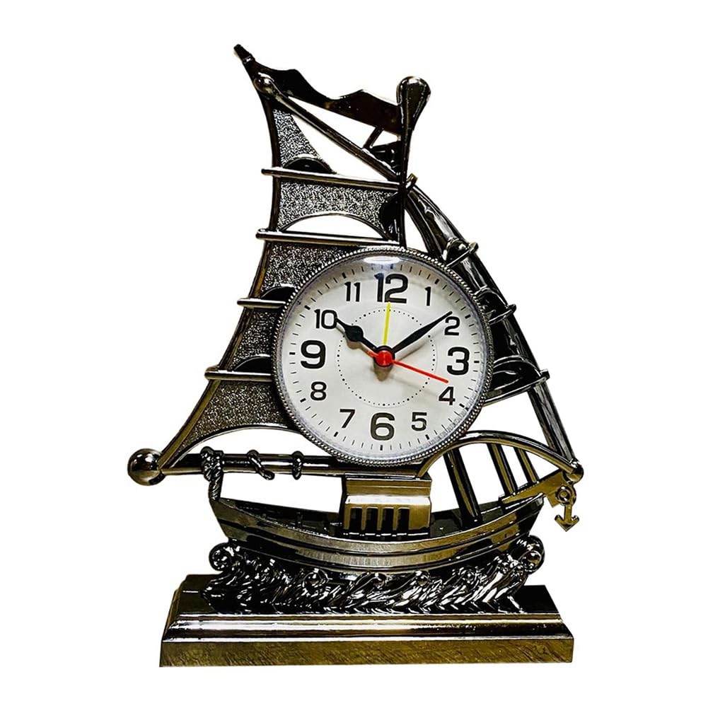 Bordhap Clock Alarm Sailboat Table Vintage Retro Model Ornament Nautical Desk Clocks Boat Figure Silent Bedside,Silver