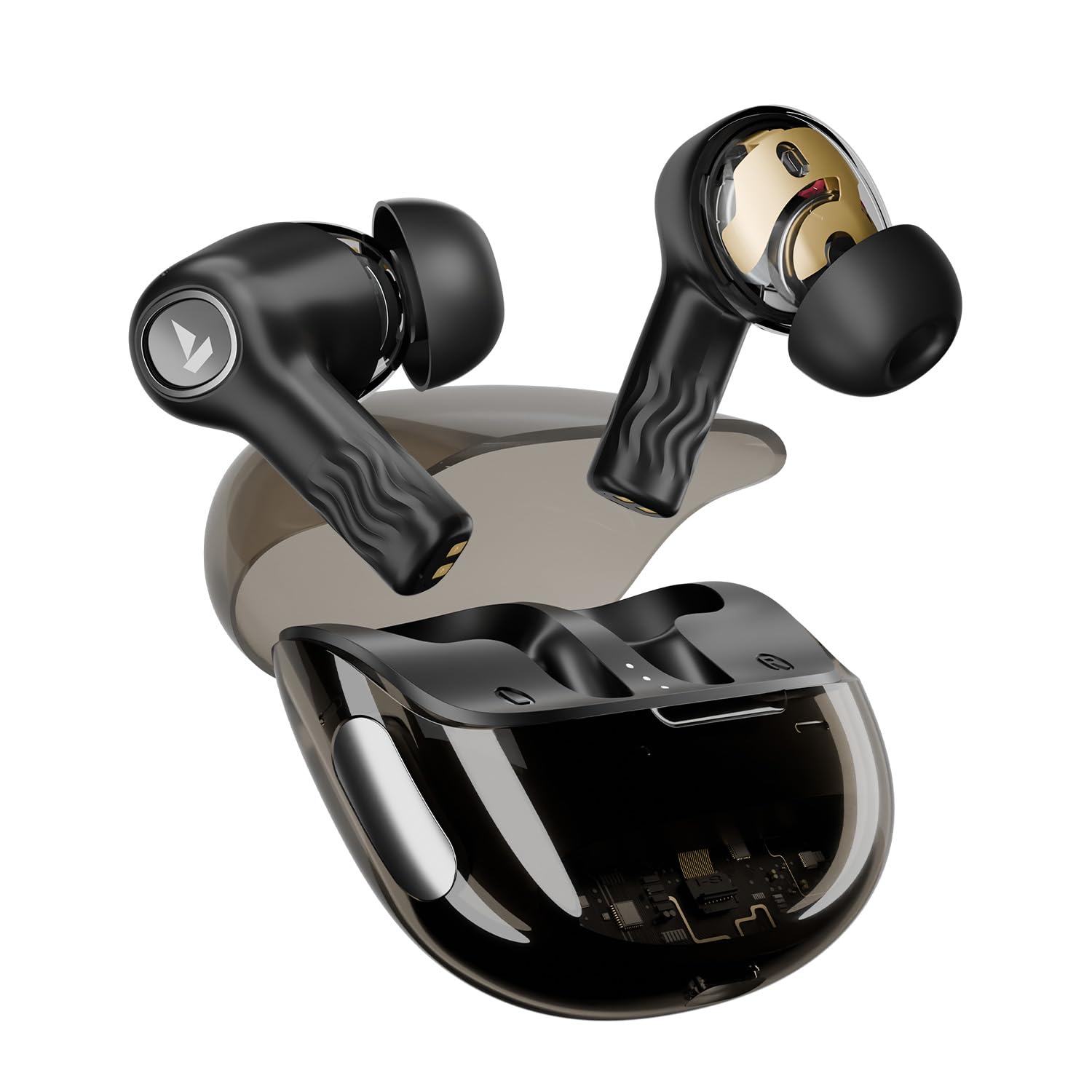 boat new launch nirvana crystl, transparent case,spatial audio, anc(~32db), 100hrs battery,4mics enx, dual pair,app support, bluetooth earbuds, tws ear buds wireless earphones with mic (quantum black)