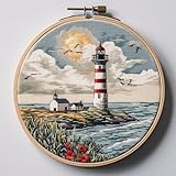 Aoto Crafts Cross Stitch Lighthouse Embroidery Kit, 12 Inch Hoop, 11CT Stamped Patterns, DIY Starter Kit for Adults & Teens, Modern Multicolor Lighthouse Design, Non-Foldable