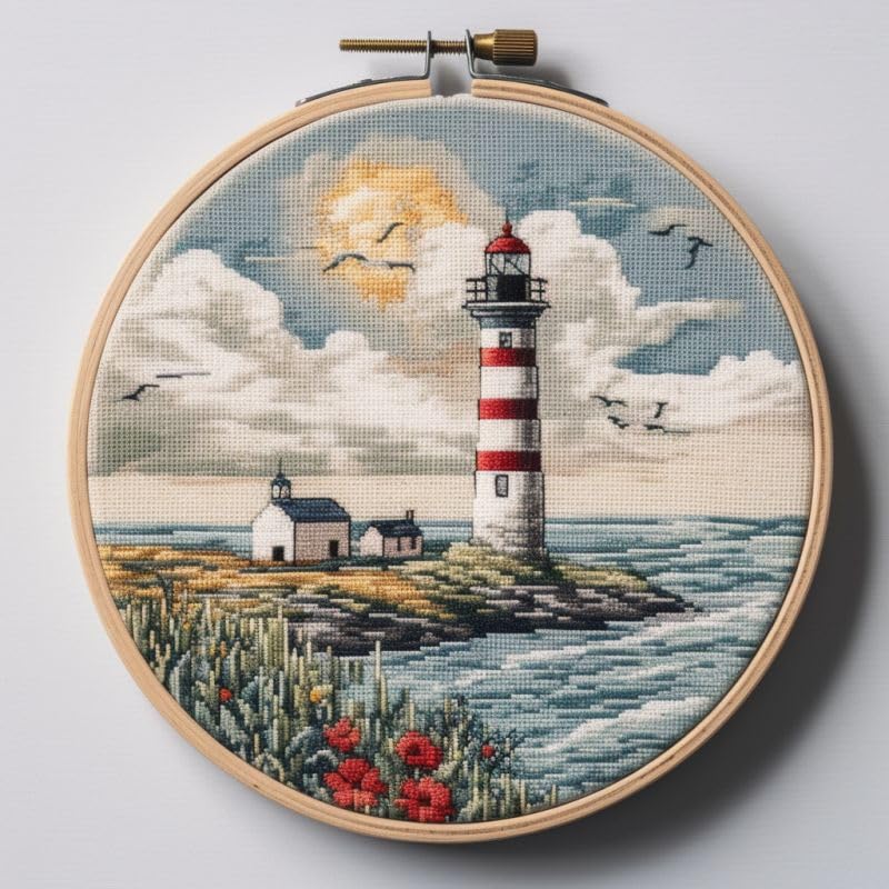 Image of Aoto Crafts Cross Stitch Lighthouse Embroidery Kit, 12 Inch Hoop, 11CT Stamped Patterns, DIY Starter Kit for Adults & Teens, Modern Multicolor Lighthouse Design, Non-Foldable