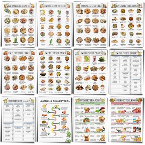 Image of Sinload 12 Pcs Cholesterol Lowering Food List Poster List Foods to Lower Cholesterol Grocery Guide High Fiber Diet Chart Kitchen Wall Decor