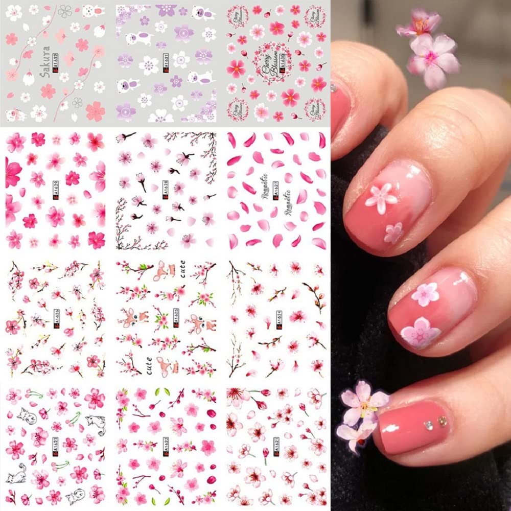 S.A.V.I 12 Sheets of DIY Nail Art Water Transfer Decals, Pink Flower Cherry Blossom, Nail Stickers, Nail Tattoo Stickers(Paper)-image-5