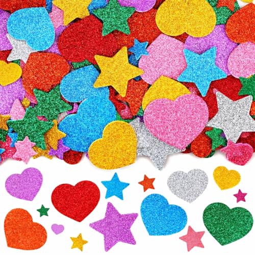 Anwyll 360Pcs Heart Star Stickers - Colorful Glitter Foam Heart Star Shape Stickers for Reward Self Adhesive Happy Valentines Day Hearts Stars Sticker Decoration for Art Craft Card Birthday Party