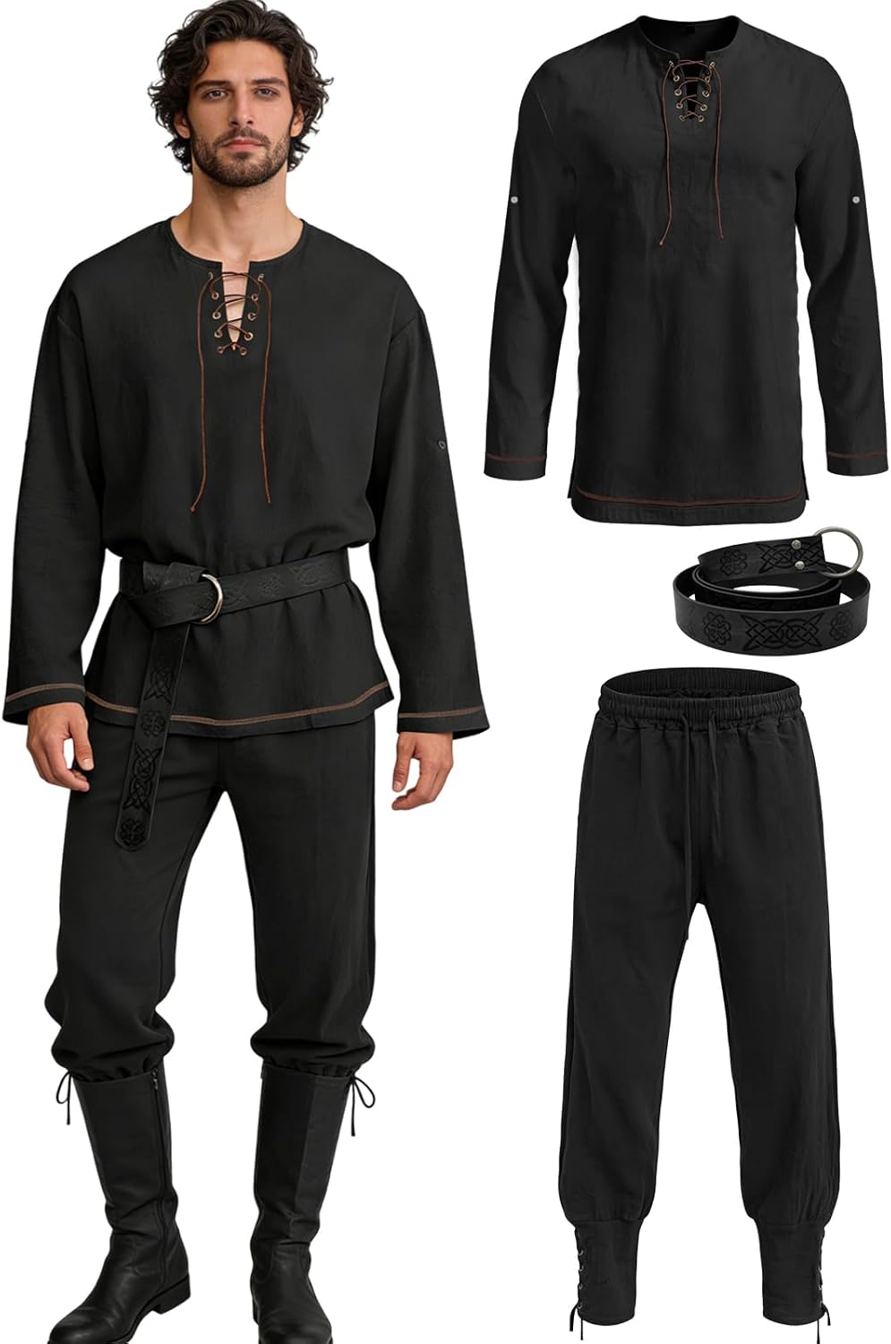 Verceco Renaissance Costume for Men 3PCS Lace-Up Long Sleeve Tunic Shirt Ankle-Banded Pants Belt Medieval LARP Cosplay Outfit