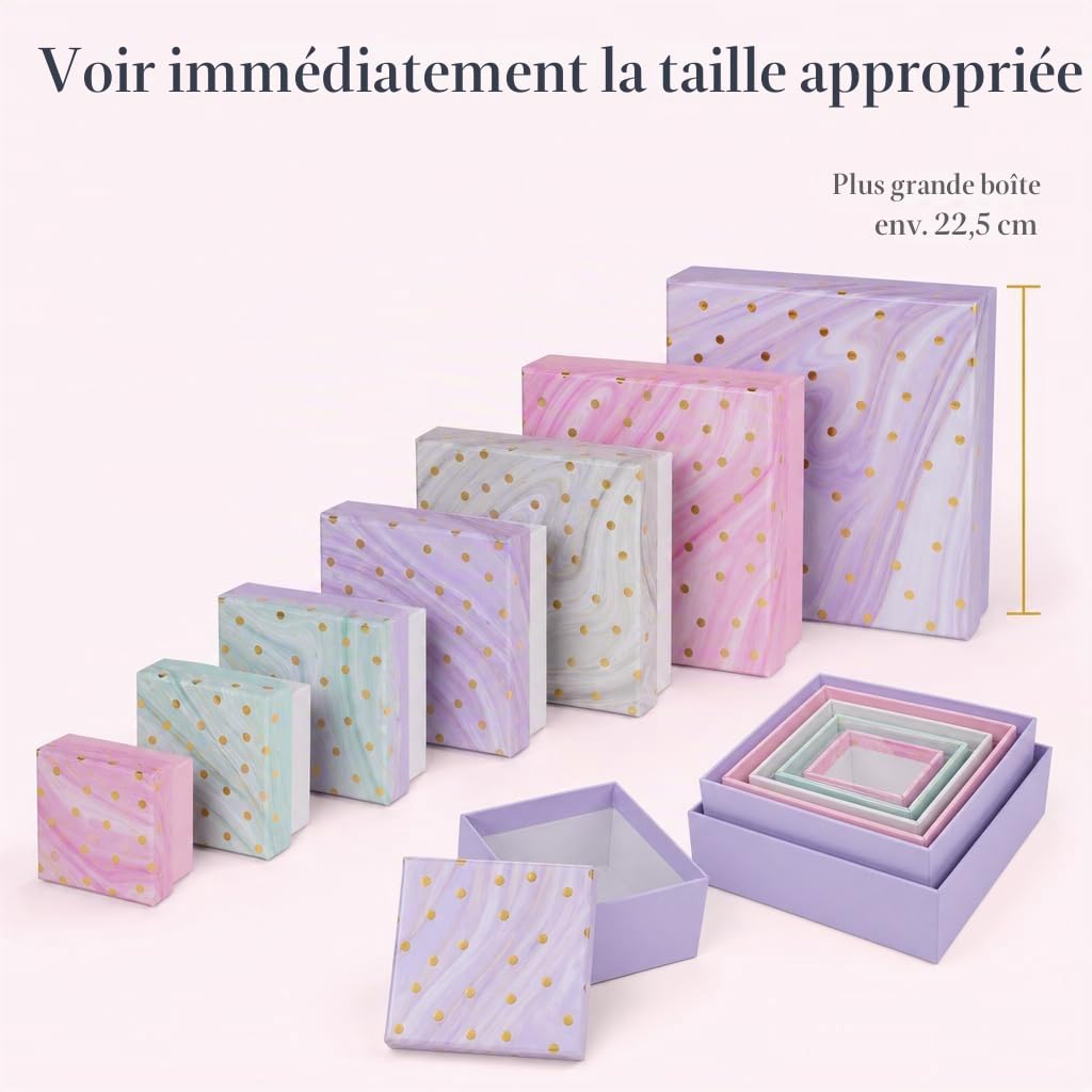Lot de 8 boîtes cadeaux - Lot de 8 boîtes cadeaux - Pour Noël, anniversaire, mariage, environ 22,5 x 22,5 x 8 cm (multicolore avec pois dorés)