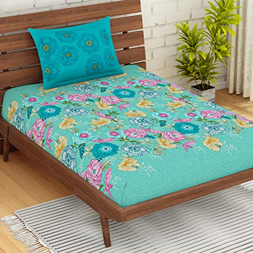 Image of Spaces Atrium Plus 210 TC 100% Cotton Single Bedsheet with 1 Pillow Cover (Floral, 60 inch X 88 inch Inches) - Teal