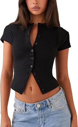 Cardigan Sweaters for Women Ribbed Short Sleeve Crew Neck Button Down Tops Slim Fit Shirt Y2k Clothes Black