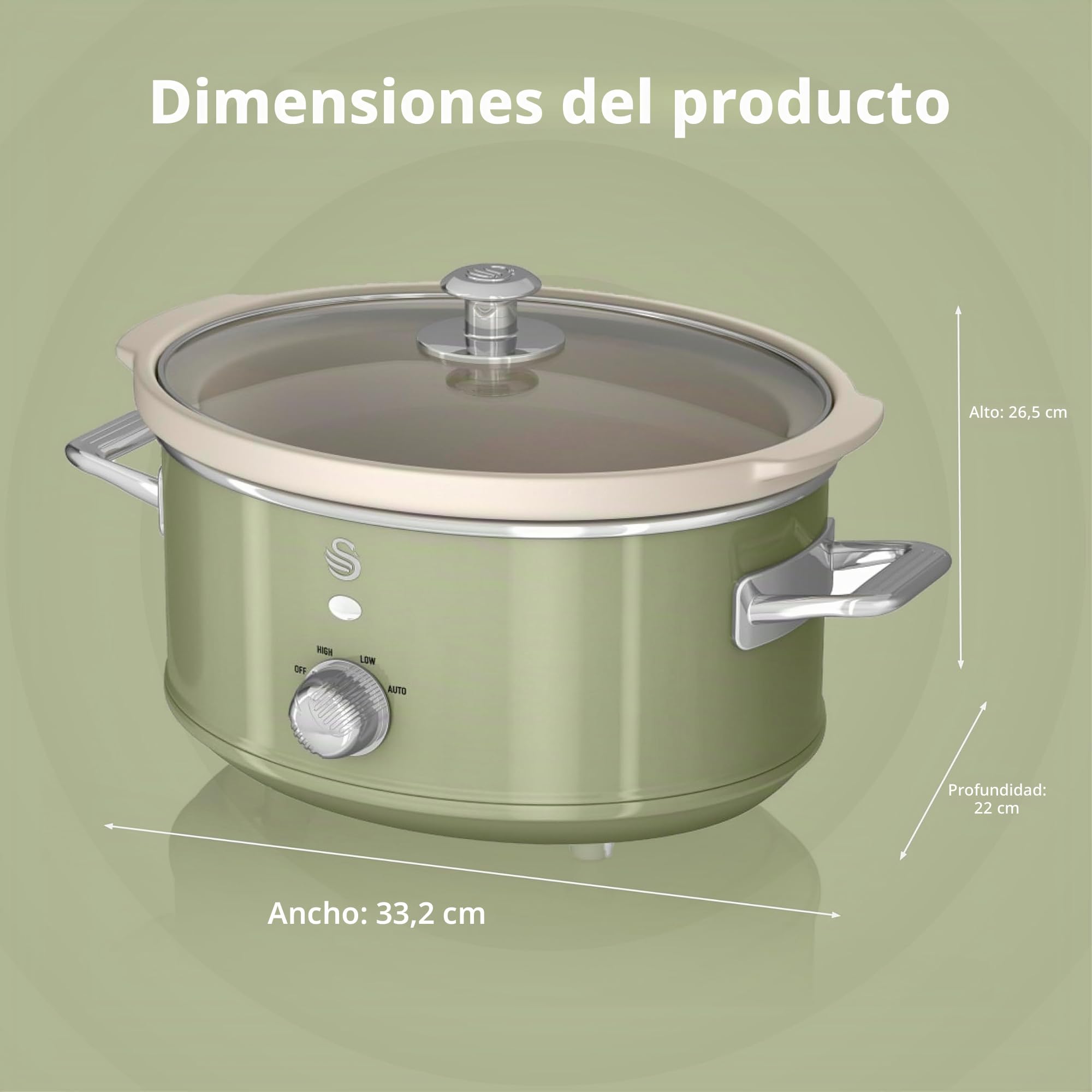Swan Retro SF17021GN Olla Cocción Lenta 3,5L Recipiente Extraíble, Antiadherente Cerámica libre PFOA y PTFE, 3 Niveles Temperatura, Tapa Vidrio, Slow Cooker, Diseño Vintage, Verde, 200W