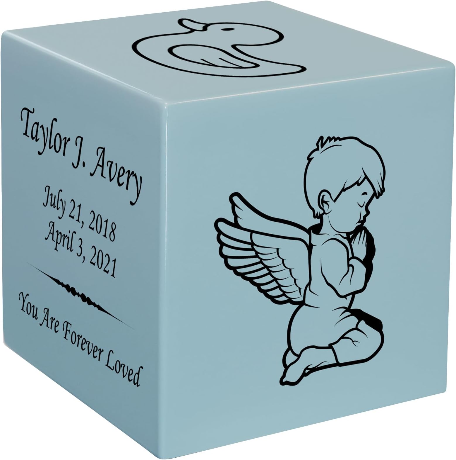 Stonewood Angel Boy Cremation Urn Cube for Infant Ashes - Composite Wood Cremation Urn for Childs Ashes - 15 Cubic Inch Capacity - Includes Name, Dates and Sentiment