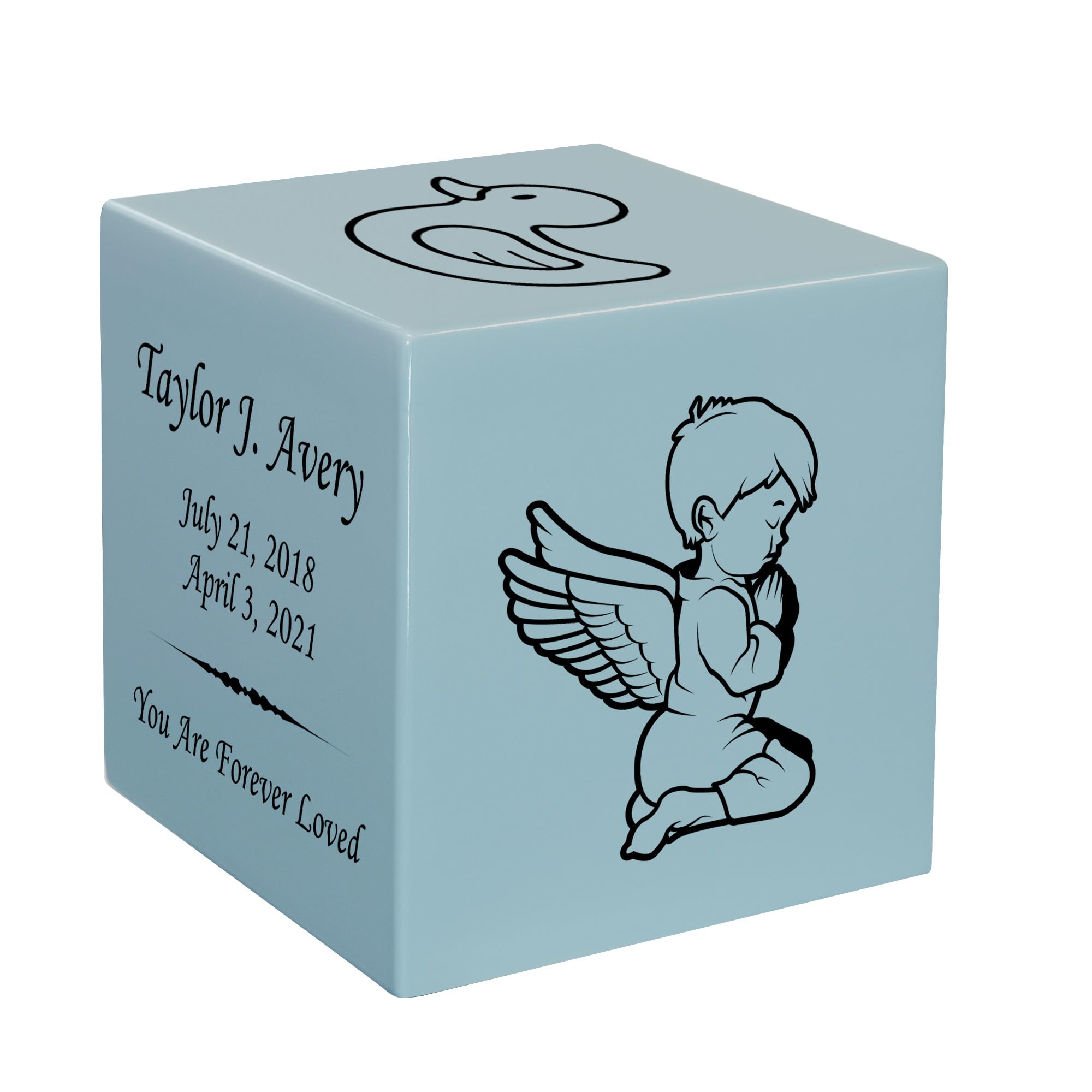 Stonewood Angel Boy Cremation Urn Cube for Infant Ashes - Composite Wood Cremation Urn for Childs Ashes - 15 Cubic Inch Capacity - Includes Name, Dates and Sentiment