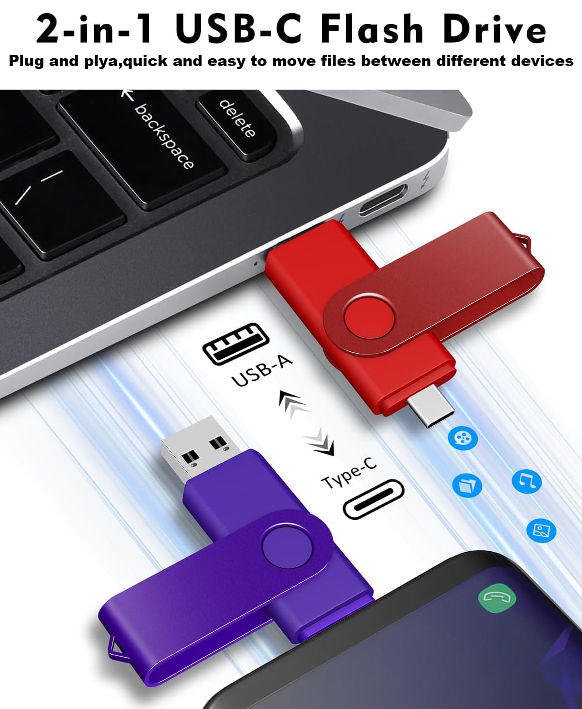 Chiavetta USB C con doppia chiavetta USB 3.0 da 128 GB, design girevole, 2 in 1, per smartphone Android, computer, MacBook, tablet, PC, confezione da 10