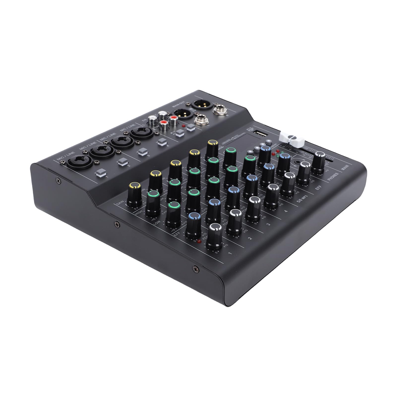 Walmeck 6-Kanal-Mini-Soundmixer, DJ-Controller, Professionelle Aufnahme-Soundkarte mit BT-MP3-Player, 48 V Phantomspeisung, Integrierter Gitarrenverstärker, Tragbare Mischkonsole für (Schwarz)
