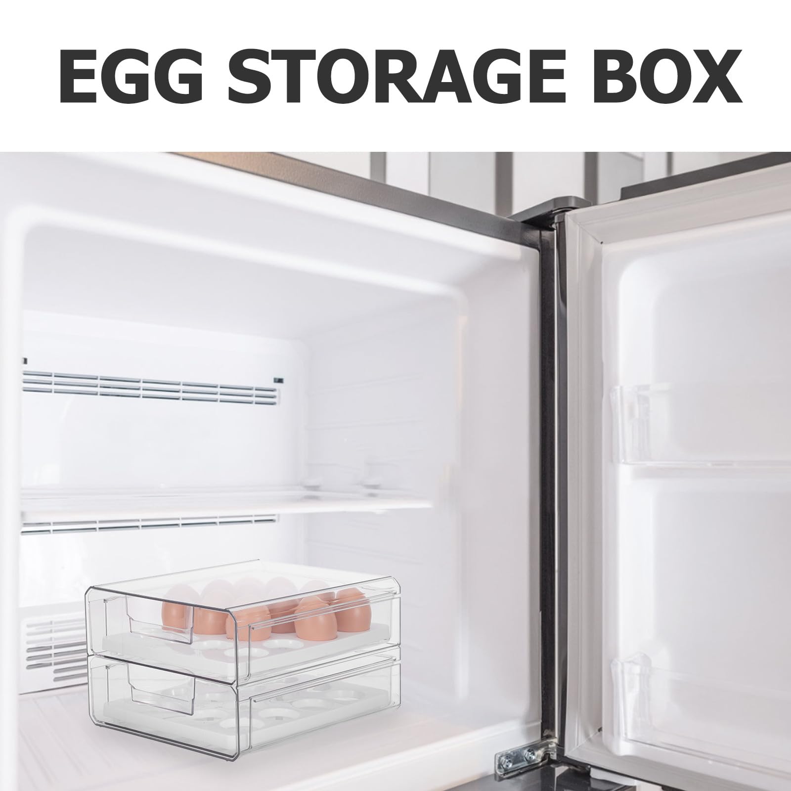 Huevera Transparente para Refrigerador de Plástico 2 Cajones, 32 Huevos | Doble Capa Orificios, Apilable y Deslizable, para Cocina y Frigorífico