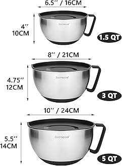 Rorence Stainless Steel Non-Slip Mixing Bowls With Pour Spout, Handle and Lid, Set of 3, Black