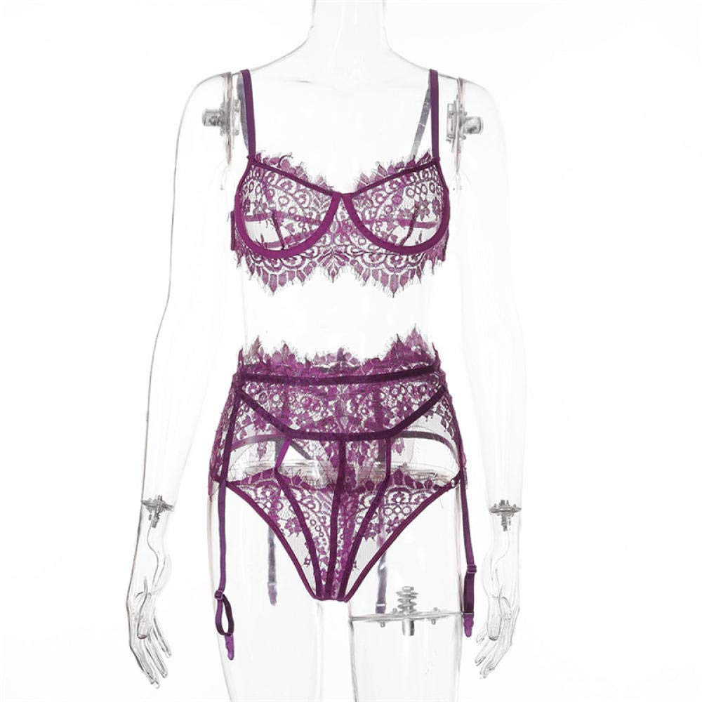 Conjunto de Ropa Interior Fina de Uniforme de Liga de Tres Piezas de Encaje para Mujer (púrpura Mediano)
