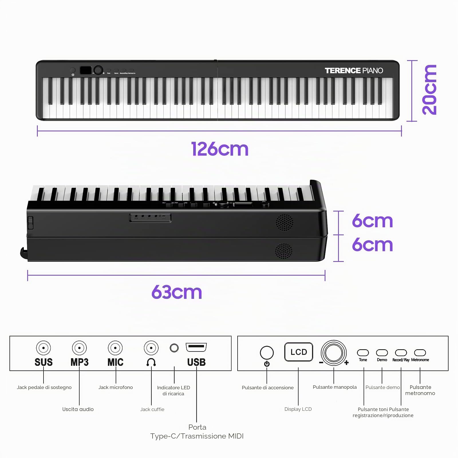 TERENCE Pieghevole Pianoforte Digitale 88 Tasti semi-pesati con batteria da 1800 mAh e interfaccia MIDI USB e supporto per spartiti Bluetooth Borsa adesiva Cavo audio Auricolari Pedale sustain