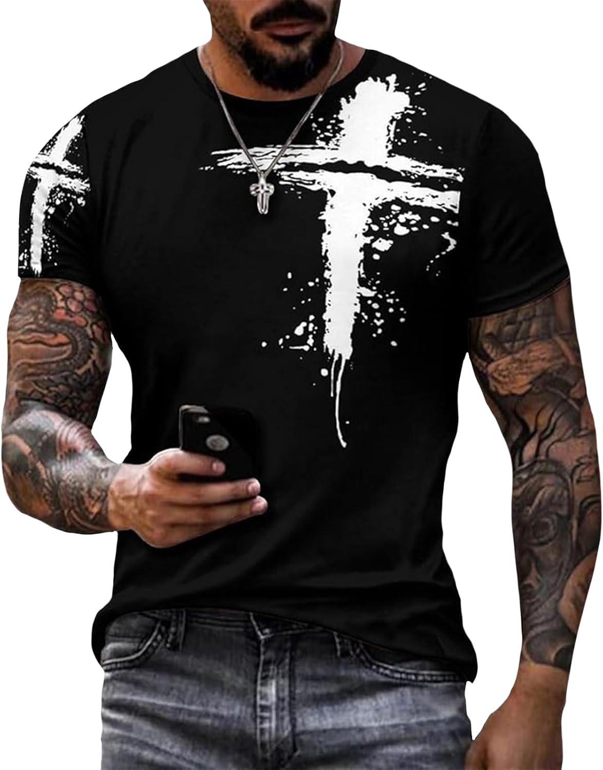 MARSVOVO Men's Vintage Oil Painting Faith Jesus Cross Print Casual T-Shirts Christ Crewneck Short Sleeve Shirts for Men