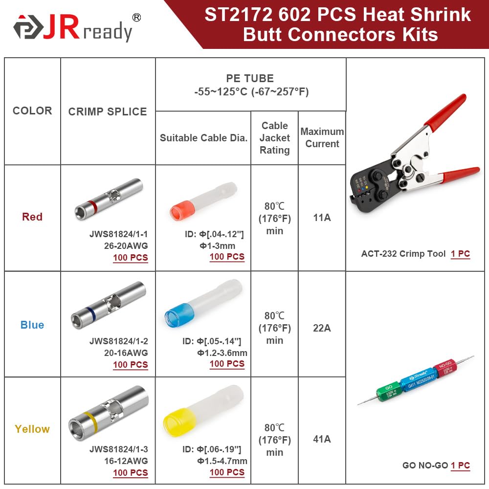 JRready ST2172 Set di 300 connettori termorestringenti IP68 impermeabili 12-26 AWG Wire Butt Splice Crimp Blu Rosso Giallo Connettori per Marine Automotive Manutenzione Elettrica