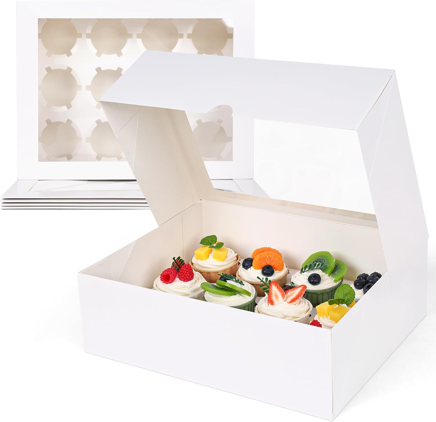 HANSGO 12 Counts Cupcake Boxes, 6PCS Cupcake Container with Windows and Inserts Holding 72 Pastry Cupcake Carrier for Muffins Cookies Treats Desserts Birthday Party Bakery Supplies 13.2"x10"x4" White