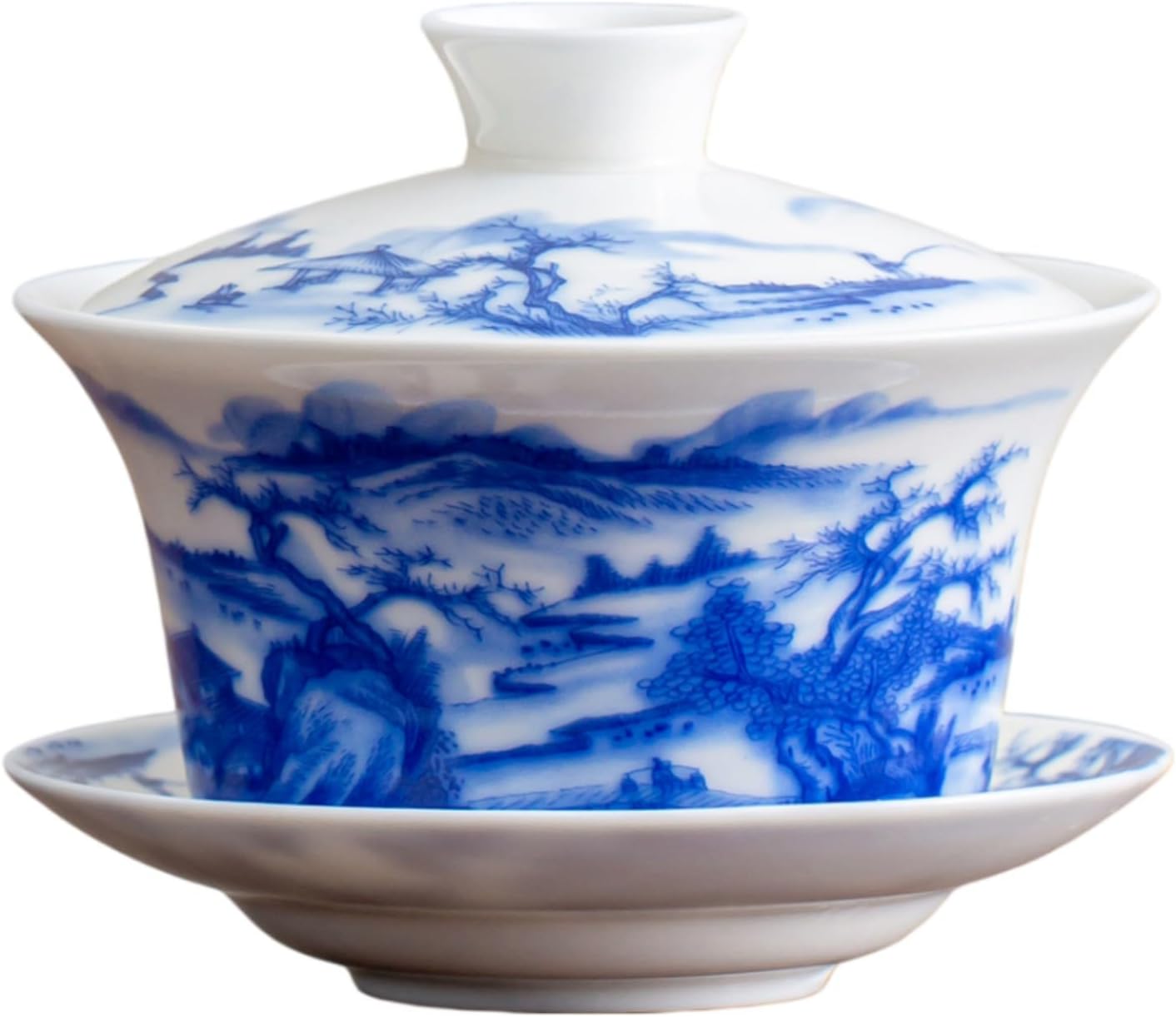 羊旨玉瓷茶杯可悬停旋转大号不烫手八宝茶盖碗 Ceramic Kung Fu Tea Set,teapot,Teacups,warming Wedding Birthday Gift,Tea Tray Chinese,Dishwasher Safe 大号手绘-高山雅居