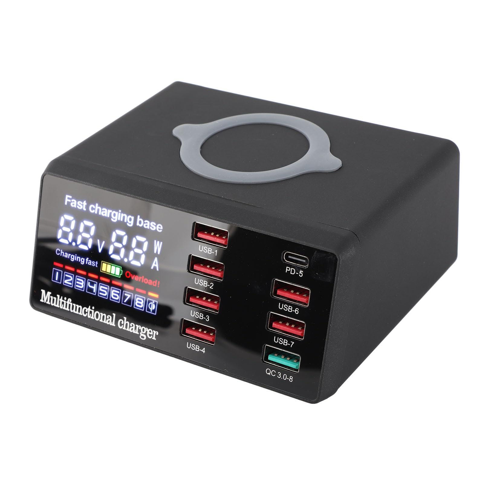 Chargeur USB sans Fil X9 8 Ports Charge Rapide PD + QC3.0 + Station de Charge de Port USB avec Affichage LED Compatible with téléphone/Ordinateur Portable/Tablette Prise UE