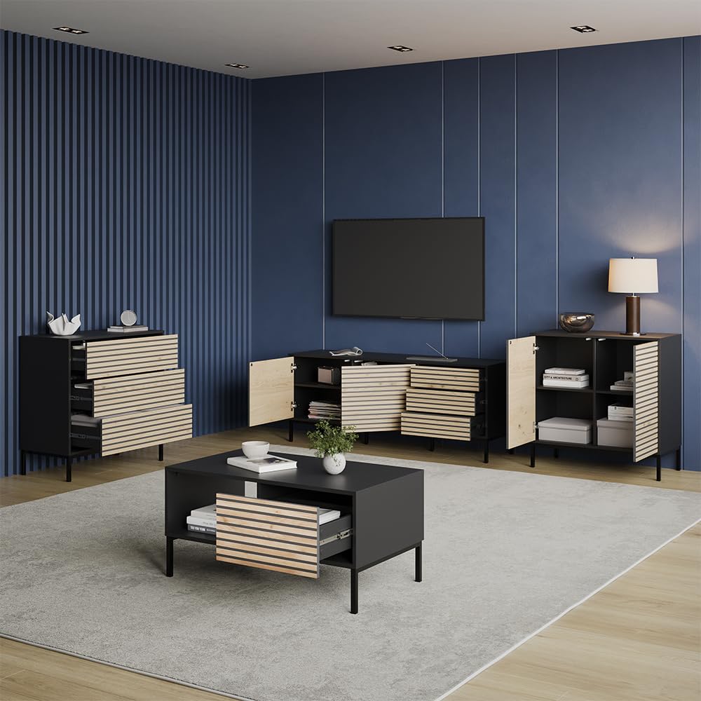 Livinity Lowboard Aterno Goldkraft Eiche/Anthrazit | mit 3 Schubladen