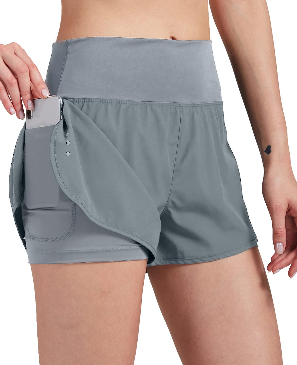 VIGVAN 2 in 1 Laufhose Damen Sport Shorts Sommer Kurze Hose Schnelltrocknend Fitness Yoga Shorts Gym Jogging Training Sporthose für Damen mit Taschen