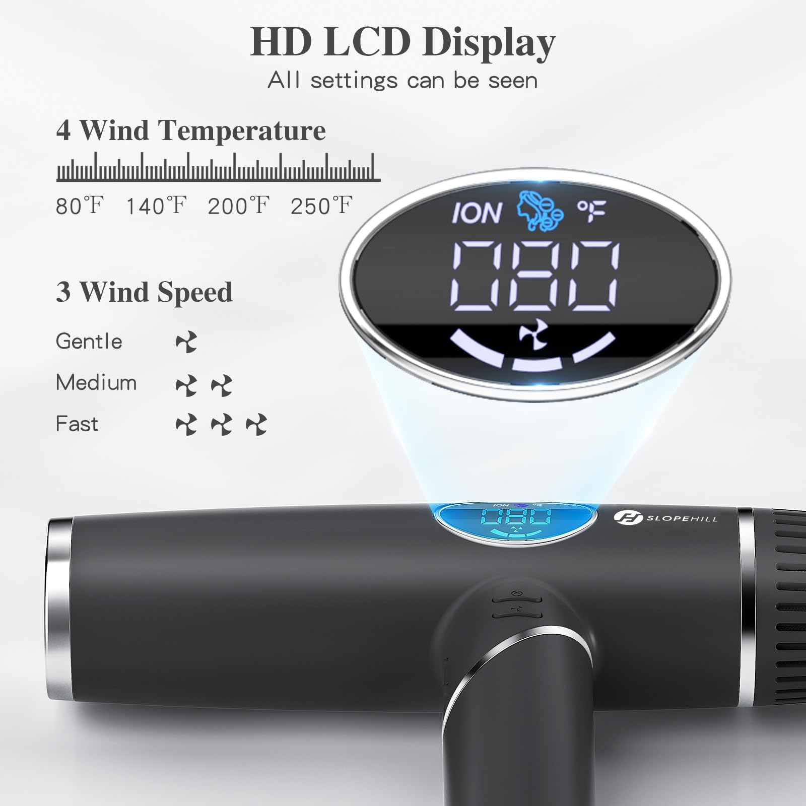 Asciugacapelli Professionale, Slopehill Phon da viaggio Ioni Ultraleggero Brushless 110,000RPM, Asciugatura Rapida/Diffusore Magnetico/Display LCD Per La Casa, Il Salone e i Viaggi (Nero)