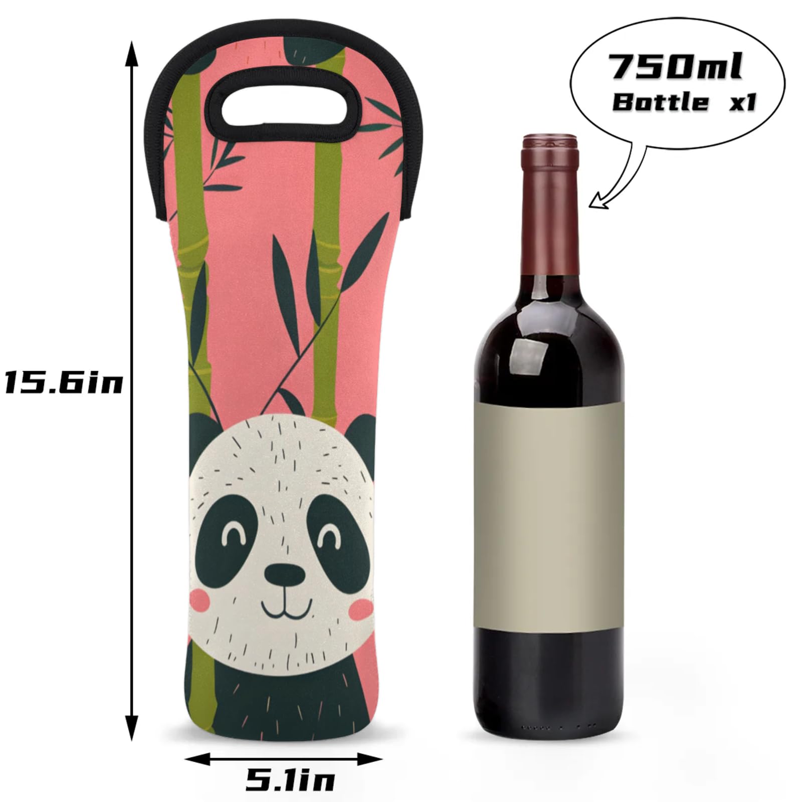 Neoprene Wine Tote Carrier Bag for Wine,Water, Champagne, Beer, Baby Bottles 15.6 x 5.1 Inches, Protective Wine Bag,Panda