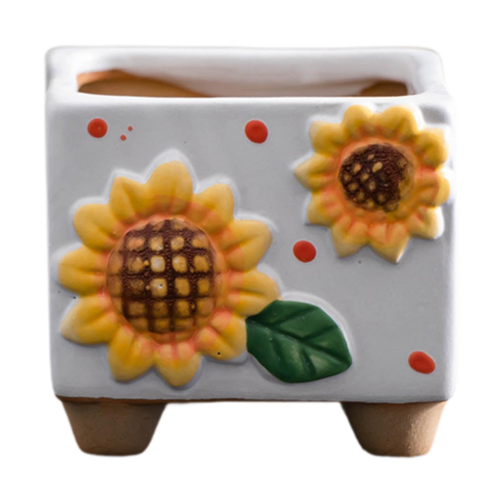 Ceramic Sunflower Planter Tabletop Ornament for Desk Indoor Outdoor Entrance White
