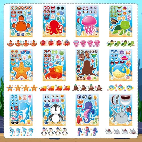 Image of Ocean Animal Stickers, Make Your Own Sea Animal Stickers | 24 Sheets Make a Face Sticker, for Kids Activities Supplies Crafts, Ocean Sea Party Favors
