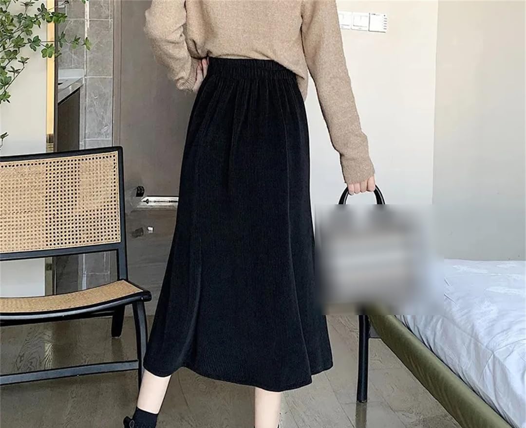 Yeuyyben Velluto a coste Gonna Lunga Donna Autunno Inverno Increspature Vita Alta Midi Gonne Donna Indietro Gonne Elastiche